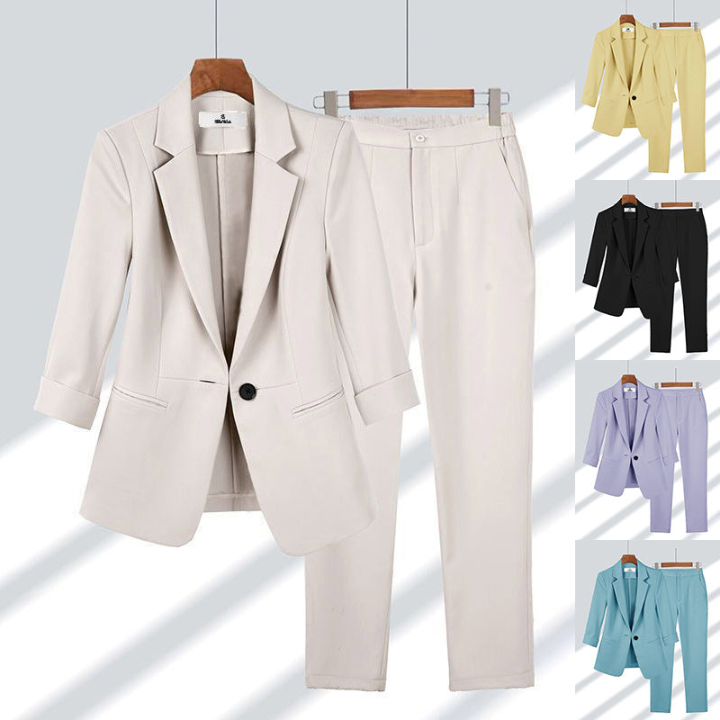 2pcs Casual Blazer Set Solid Color Lapel Single-breasted Jacket And Zipper Straight Pants Women's Office Business Suit display