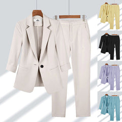 2pcs Casual Blazer Set Solid Color Lapel Single-breasted Jacket And Zipper Straight Pants Women's Office Business Suit display