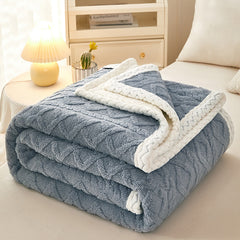 Blanket Double Thickened Warm Coral Fleece Sofa Blanket in blue color, soft texture, perfect for winter decor.