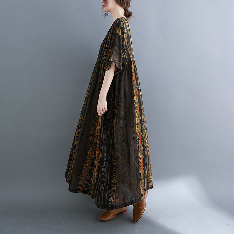 Round Neck Short Sleeve Swing Stripe Dress