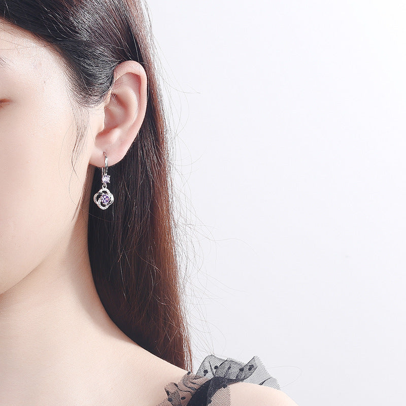 S925 Sterling Silver Earrings South Korea Elegant Long worn by model, showcasing purple diamond and flower shape design.