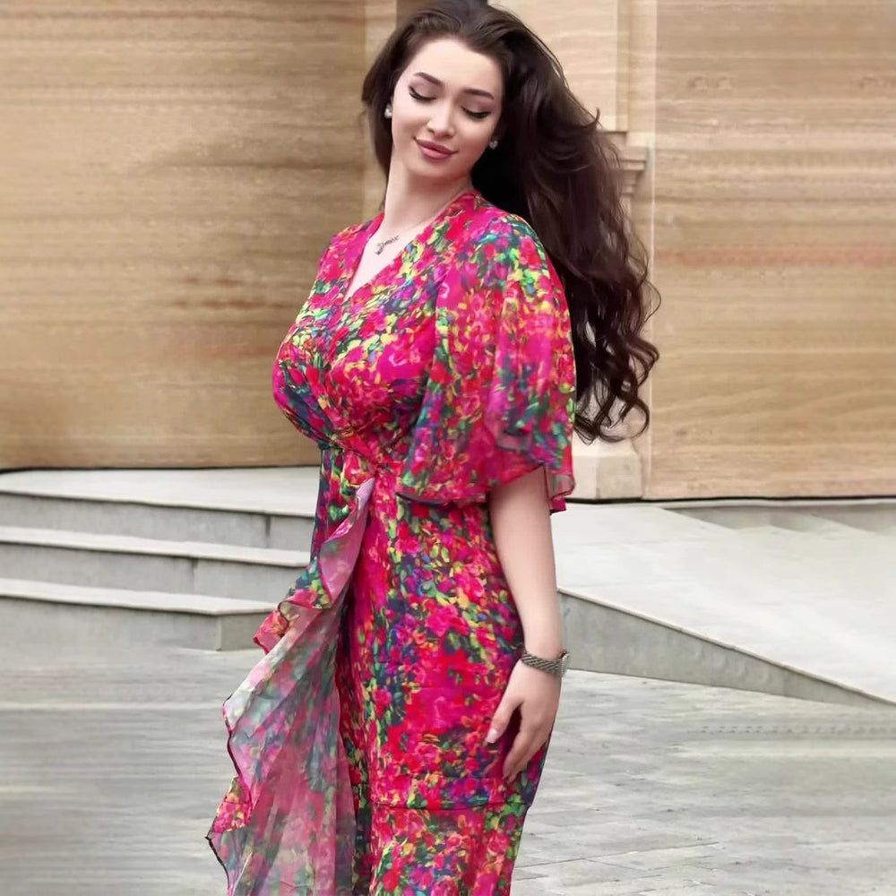 Sexy Elegant Graceful Short Sleeve Sweet Dress showcasing vibrant floral pattern in pink and red, with ruffled sleeves and stylish tie.