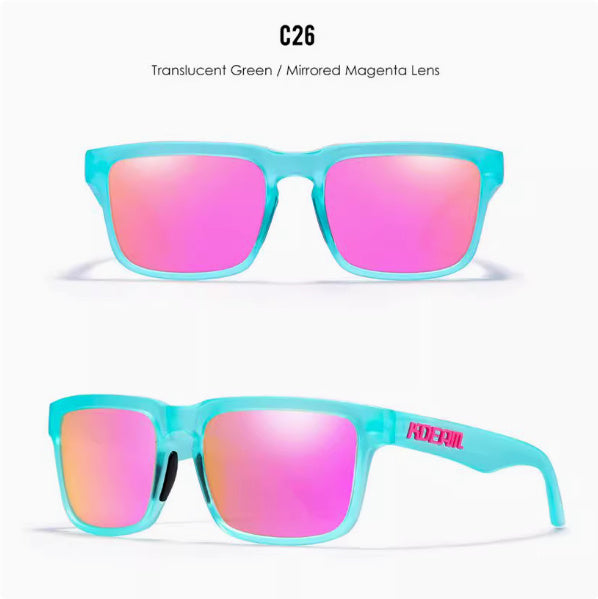 Men And Women Dazzling Color Polarized Sunglasses in translucent green with mirrored magenta lens.