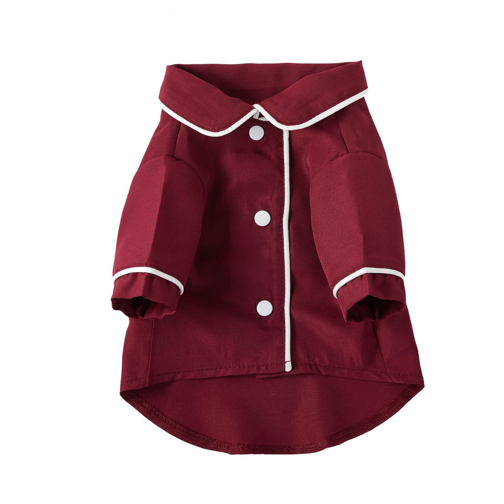 Pet Pajamas Dog Pajamas Small Dog Cat Clothing in wine red color with white trim and collar.