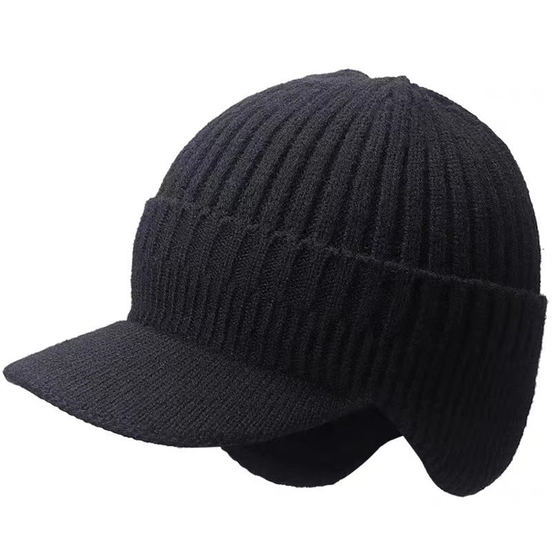 Warm Ear Protection Hat Men's Thickened Woolen Cap in black with ear flaps and ribbed texture.