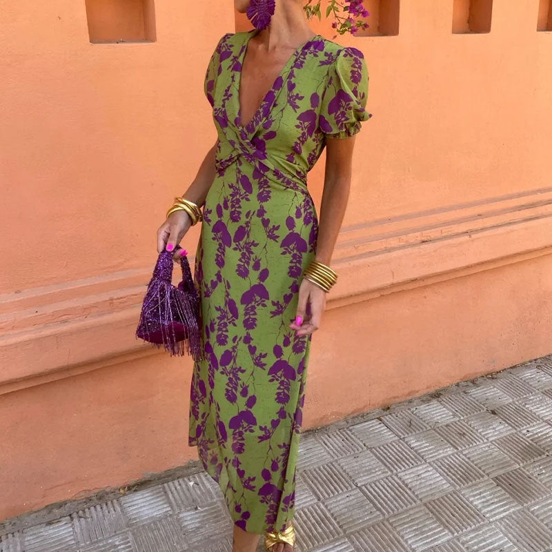 Summer V-neck Short-sleeved Dress Fashion Flowers Printed Slim Beach Dresses For Women Clothing in green and purple design.