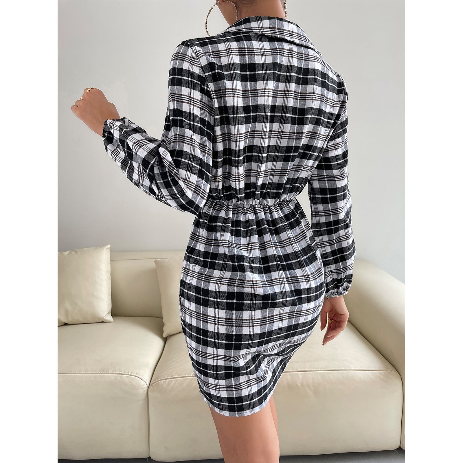Women's Plaid Pack Hip One Step Lapel Shirt Dress