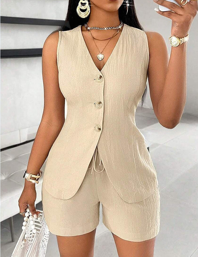 European And American Ladies Fashion Comfort And Casual Open Chest Lace-up Short-sleeved Shirt in beige outfit.