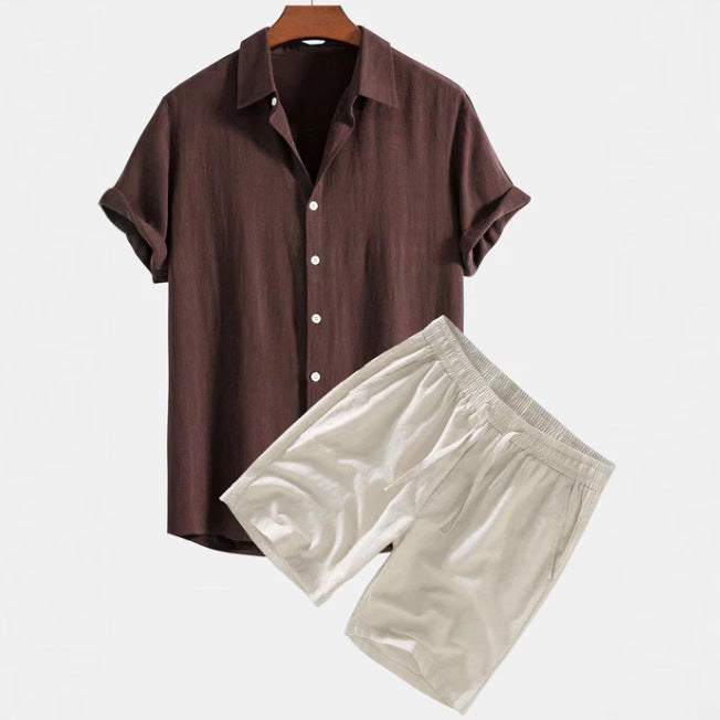 Men's Solid Color Casual Short-sleeved Shirt Shorts Suit in brown and beige, perfect for casual summer outfits.