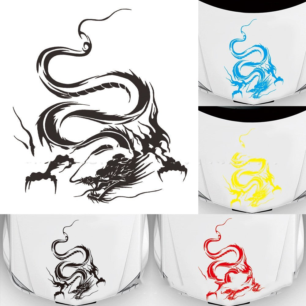 Car sticker modification front end in different colors, showcasing a dragon design on a vehicle.