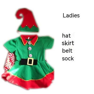 Corduroy Children's Elf Clothing featuring a green dress, red hat, belt, and socks for holiday festivities.