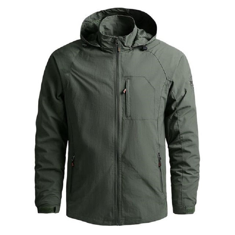 Men's Fashion Solid Color Single Outdoor Jacket in green color with hood, zippers, and stylish design.