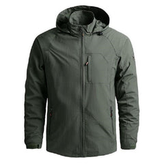 Men's Fashion Solid Color Single Outdoor Jacket in green color with hood, zippers, and stylish design.