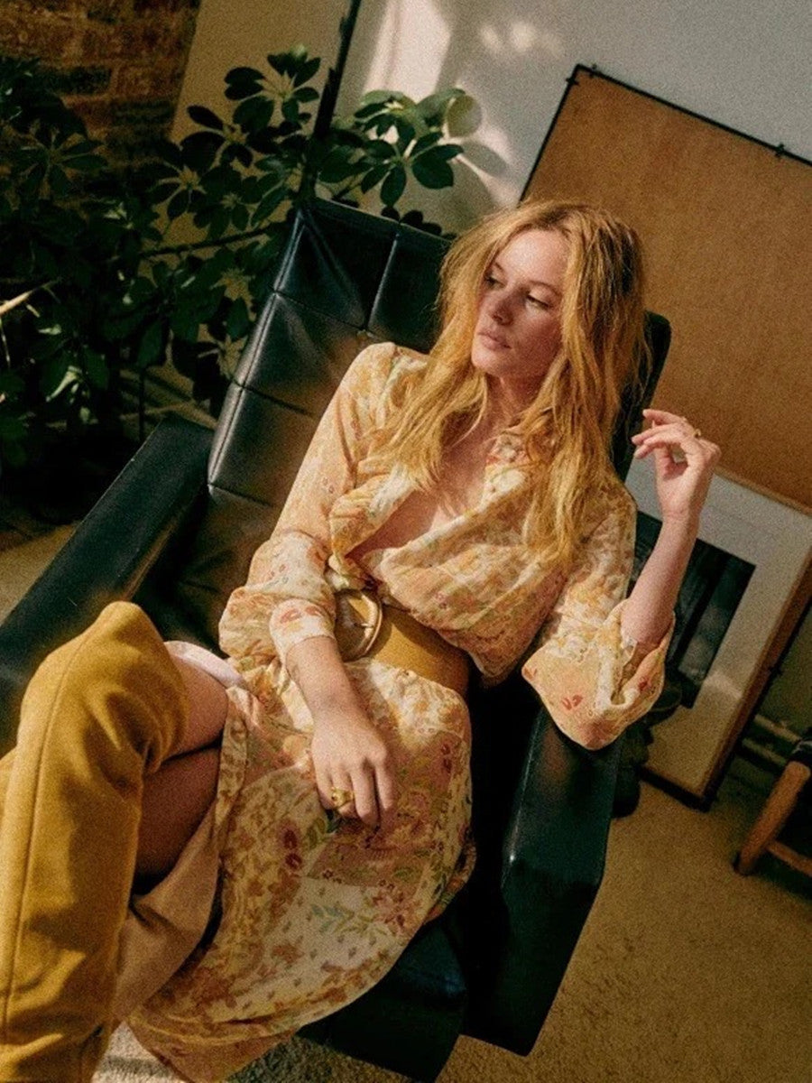 Casual Loose Waist Wooden Ear Collar Printed Long Sleeve Dress