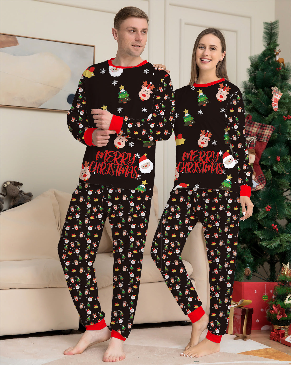 Family Christmas Matching Pajamas Set Christmas Pajamas For Family Christmas PJS Xmas Sleepwear displayed on a man and woman.