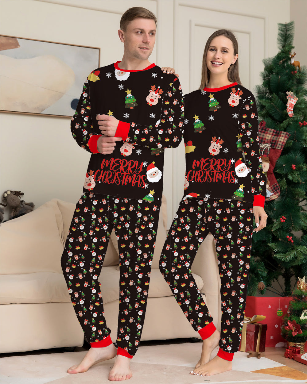 Family Christmas Matching Pajamas Set Christmas Pajamas For Family Christmas PJS Xmas Sleepwear displayed on a man and woman.