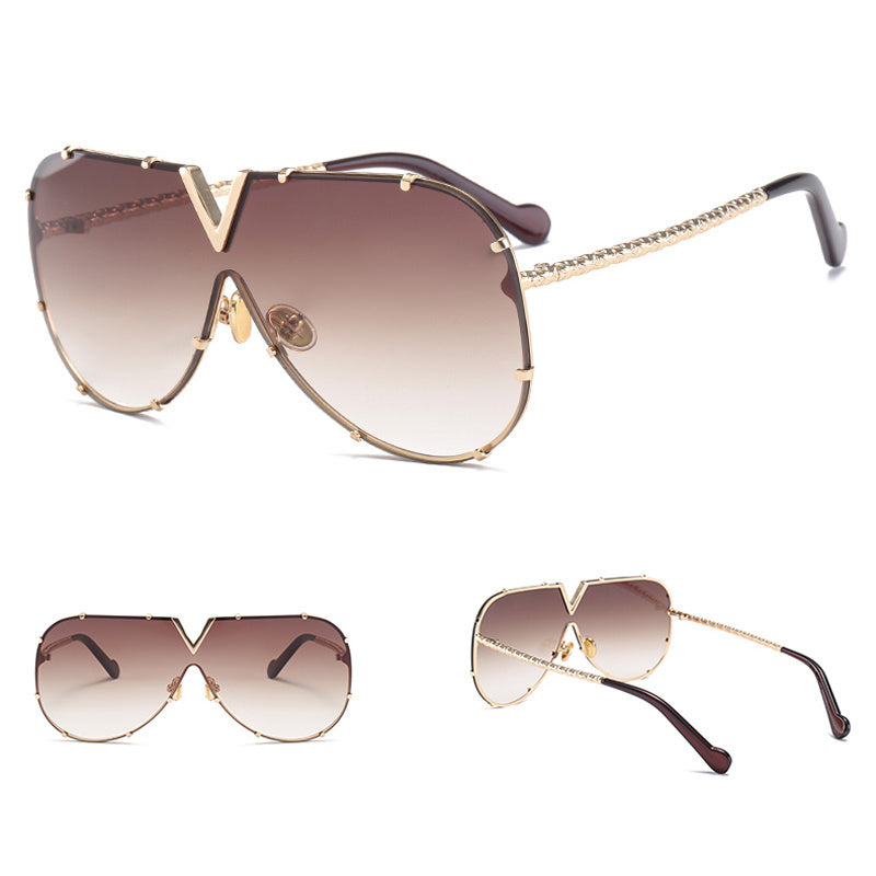 Sunglasses, men, women, men and women, sunglasses, frameless, rivet, personality glasses in gold and brown.