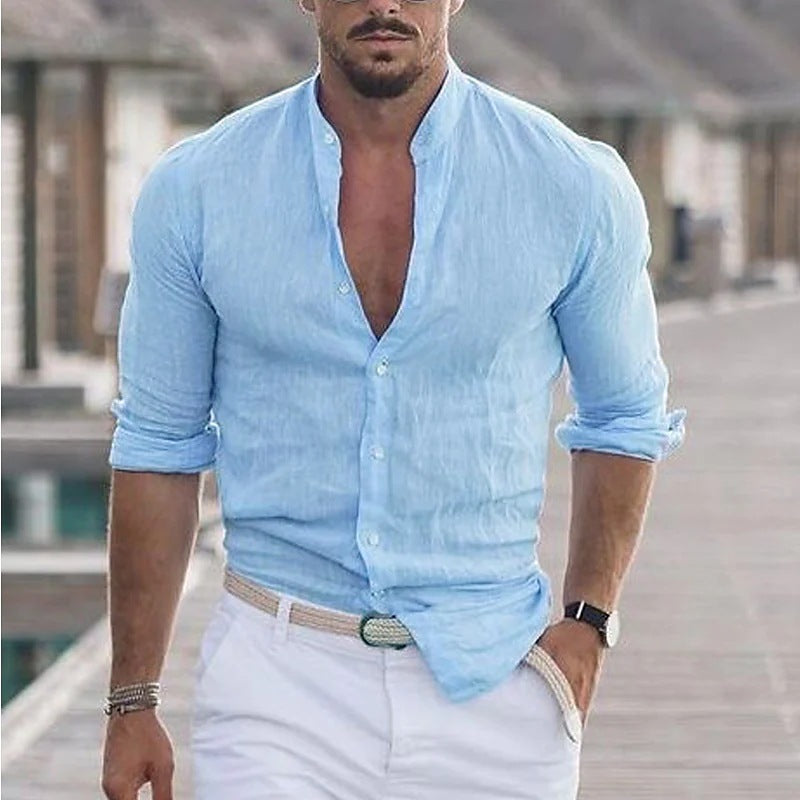 Men's Long Sleeve Shirt With Button Casual Solid Color Tops For Spring Autumn in light blue color, stylish and comfortable fit.