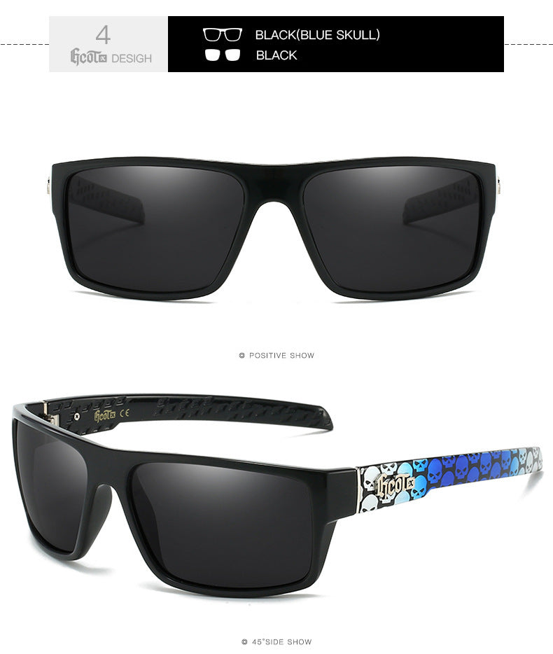 Hip Hop Fashion West Coast Polarized Sunglasses in black with blue skull design, perfect for travel and parties.