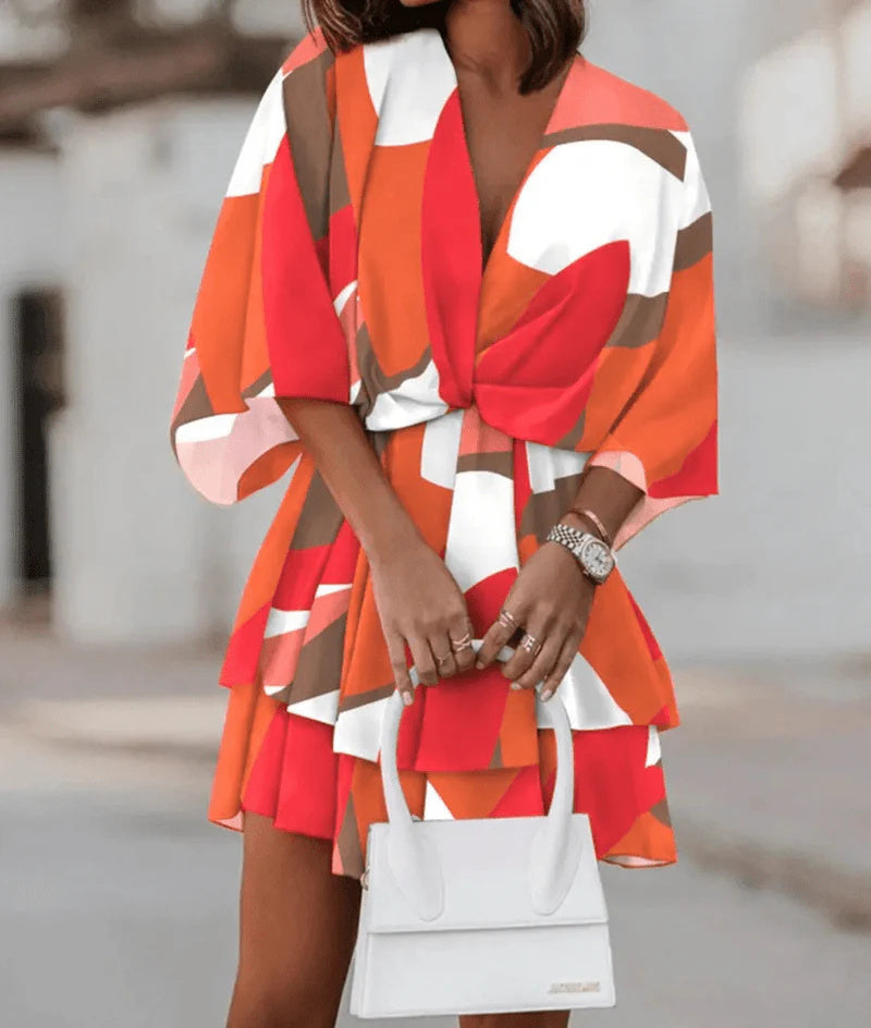 Fashion Print V-Neck Doll Sleeve Loose Cake Dress