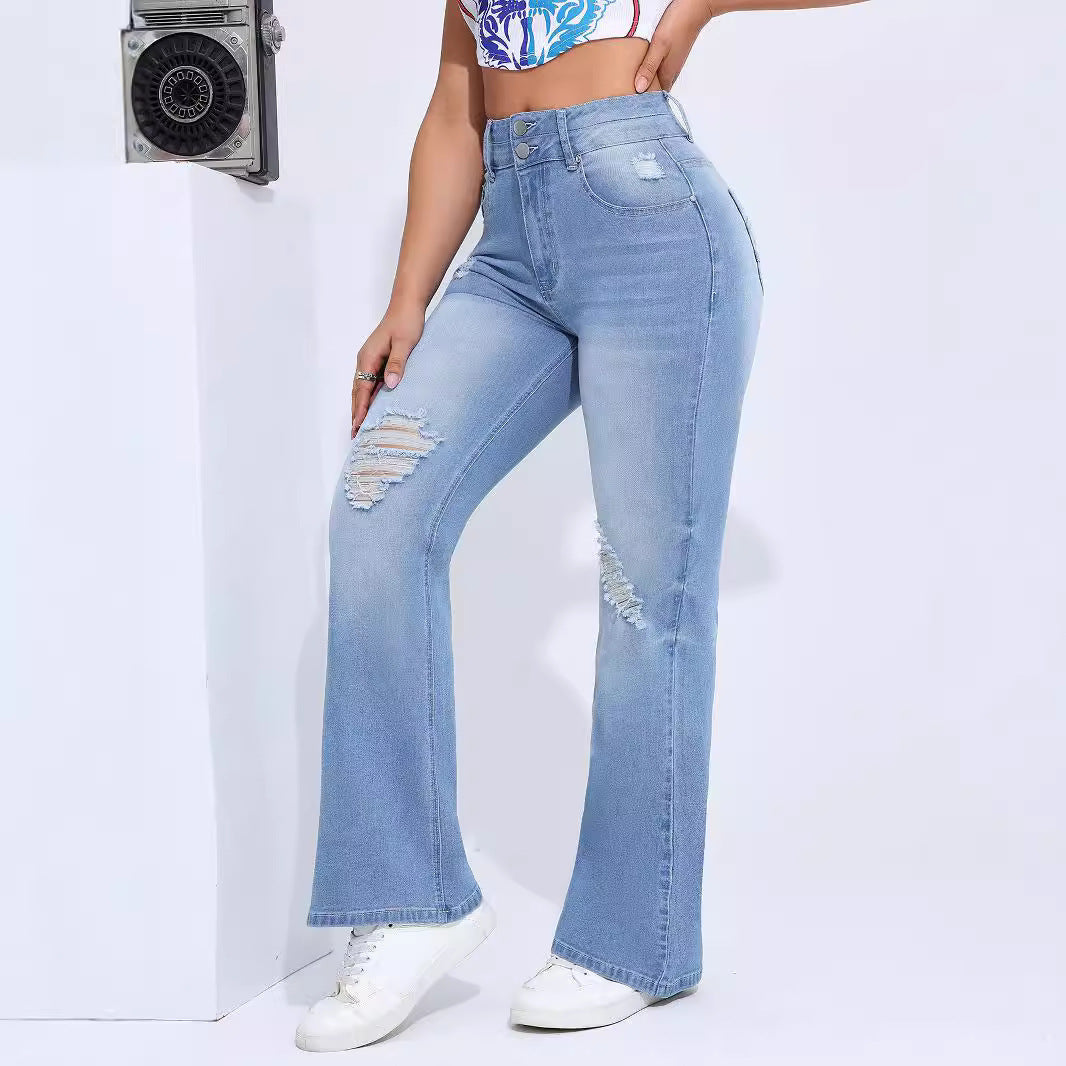 Women's High Elastic Hole Slim Fit All-match Denim Trousers in light blue with a fashionable design and ripped details.