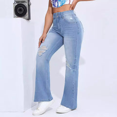 Women's High Elastic Hole Slim Fit All-match Denim Trousers in light blue with a fashionable design and ripped details.