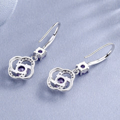 S925 Sterling Silver Earrings South Korea Elegant Long with white and purple diamonds in a floral design.