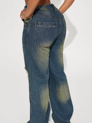 Retro Heavy-duty Washed Knee Ripped Wide-legged Jeans showcasing the back view, featuring a relaxed fit in sea blue denim.
