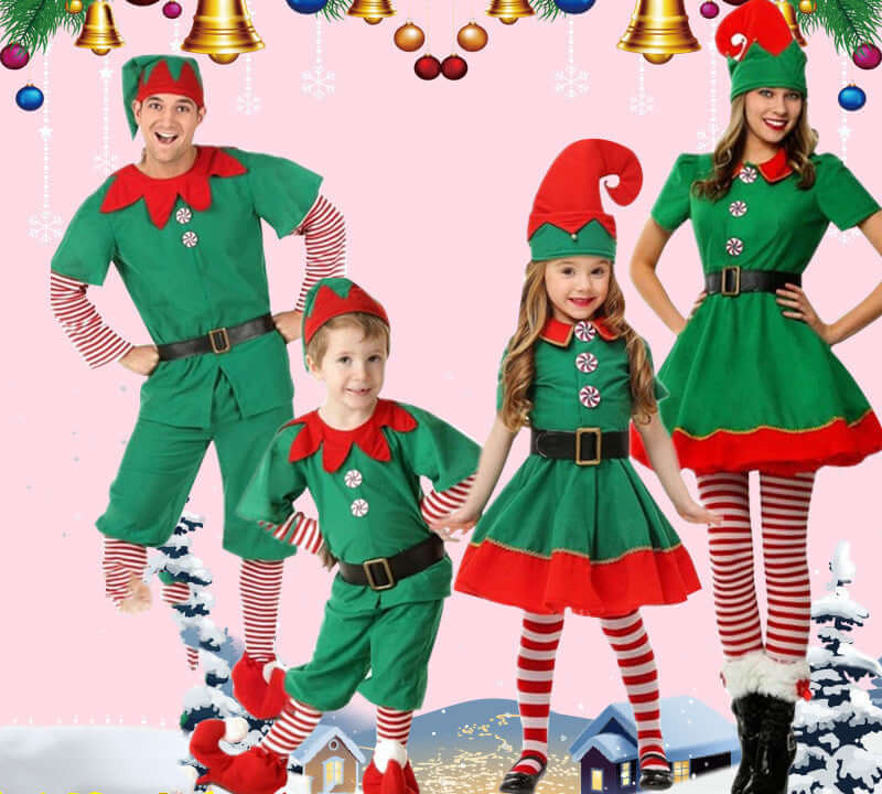 Corduroy Children's Elf Clothing featuring adults and children in festive elf outfits against a Christmas backdrop.