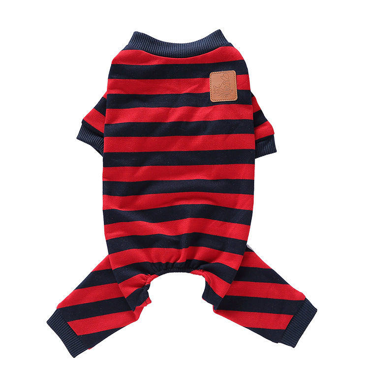 Fashion Personality Home Dog Clothes in red and blue stripes with label, stylish pet clothing for dogs.