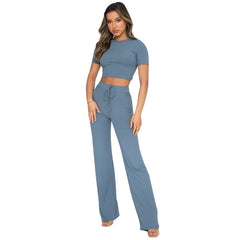 Casual Set Female Solid Color High-elastic in blue, featuring a crop top and trousers for a stylish, casual look.