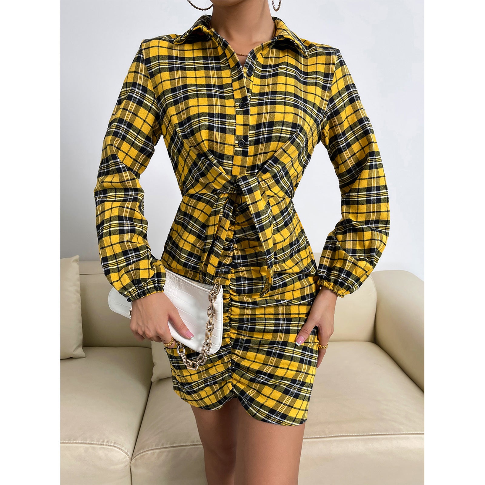 Women's Plaid Pack Hip One Step Lapel Shirt Dress