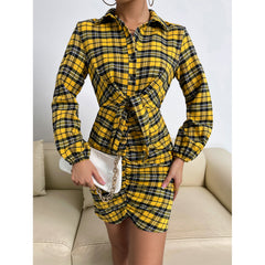 Women's Plaid Pack Hip One Step Lapel Shirt Dress
