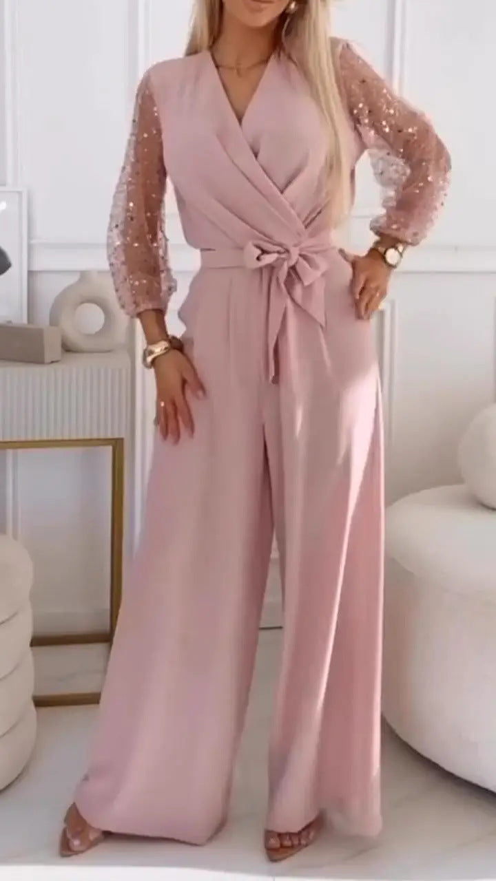 Sequined Top Wide Leg Pants Casual Suit Women in pink with puff sleeves, showcasing a stylish and fashionable look.