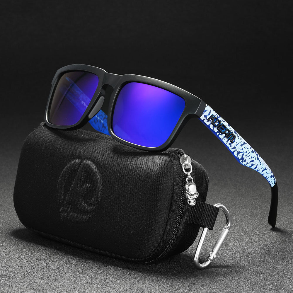 Men And Women Dazzling Color Polarized Sunglasses with blue patterned arms and protective case.