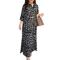 Vintage Print Art Bohemian Loose Oversized Cardigan Dress in leopard print style with a handbag.