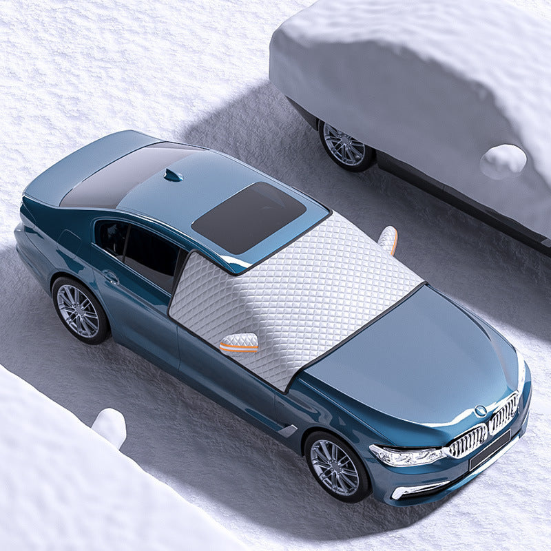 Car Dustproof Sunshade Cover Clothing on a BMW in snowy conditions, showcasing its protective features.