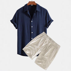 Men's Solid Color Casual Short-sleeved Shirt Shorts Suit displayed with a navy shirt and beige shorts on a white background.