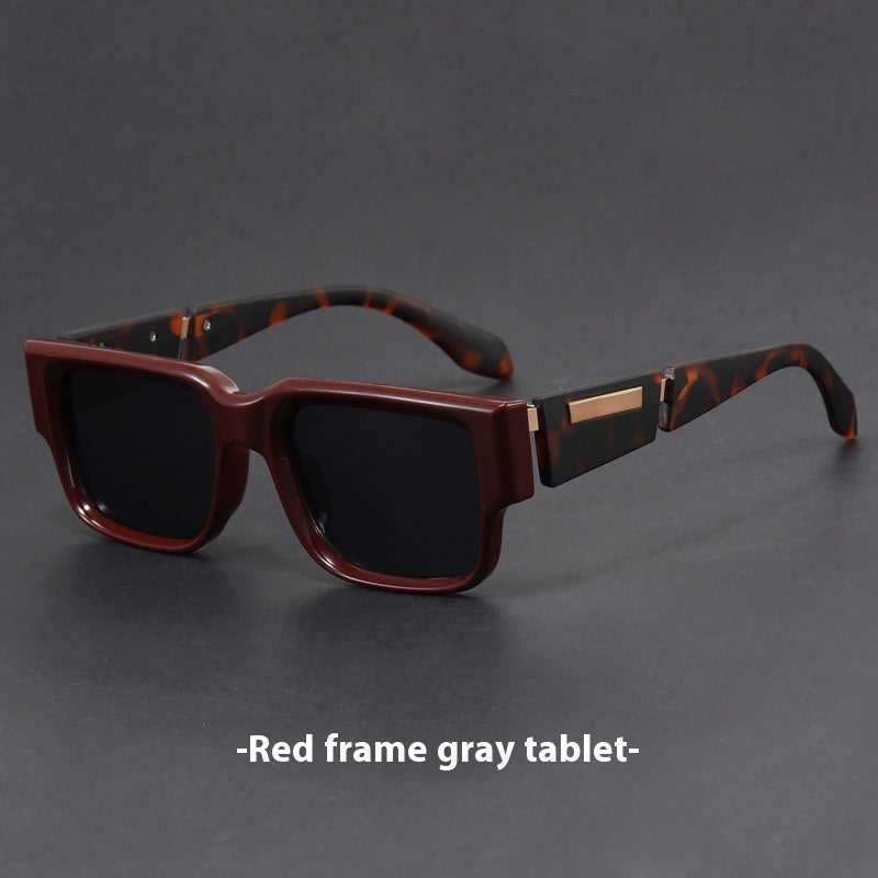 Gray Blue Square Thick Frame Sunglasses UV-proof Retro Simple Sun Glasses with red frame gray tablet style.