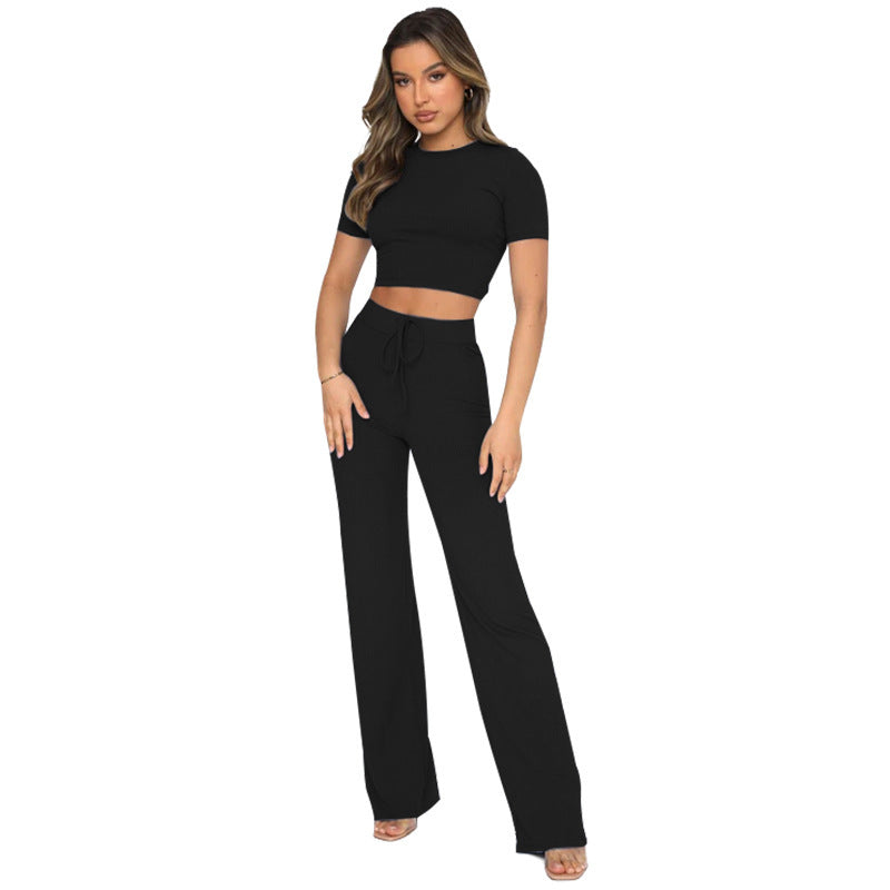 Casual Set Female Solid Color High-elastic in black, stylish and comfortable trousers for casual wear.
