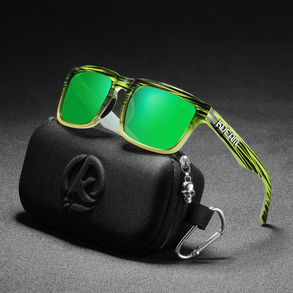 Men And Women Dazzling Color Polarized Sunglasses in a stylish green frame with a black case.