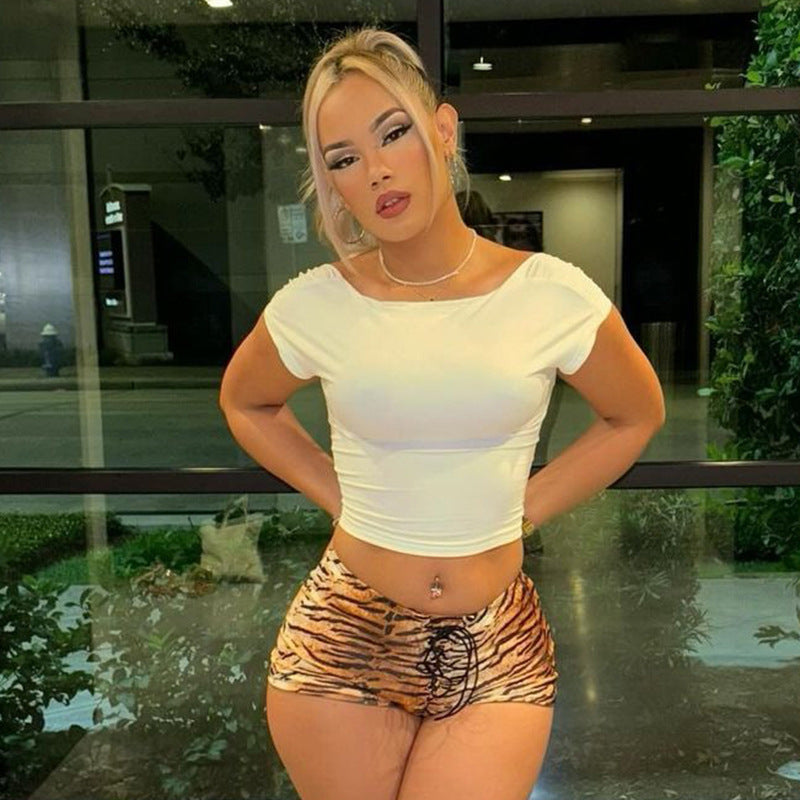 Women's Sexy American Hot Girl Tiger Stripe Pattern Rope Shorts in trendy urban setting.