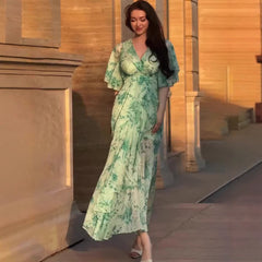 Soft Fresh And Sexy Short Sleeve Floral Dress in green floral pattern, perfect for summer fashion and casual outings.