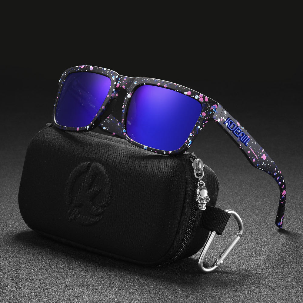 Men And Women Dazzling Color Polarized Sunglasses displayed with a sleek black case featuring a zipper and carabiner.