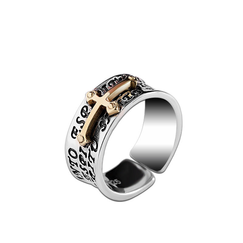 Character Thai S925 Silver Jewelry with a gold cross design on a geometric silver ring.