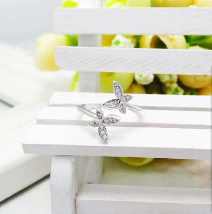 Sterling Silver Adjustable Butterfly Ring on a white display, featuring sparkly gems, perfect fashion jewellery for Christmas.