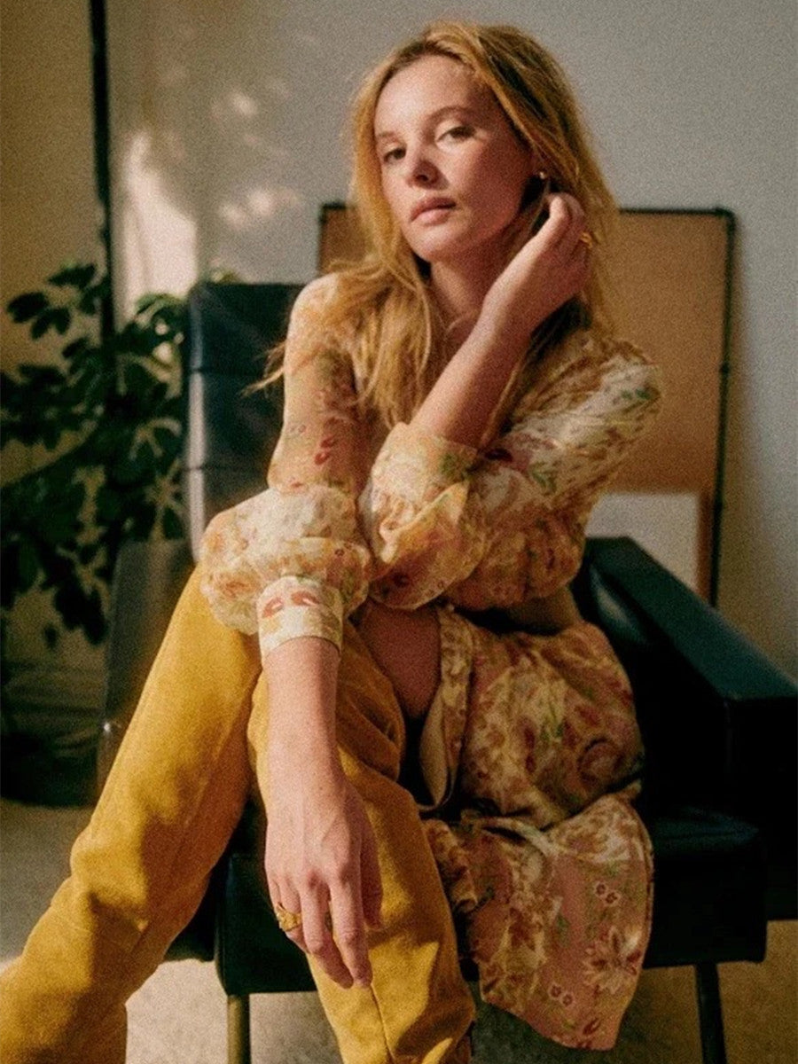 Casual Loose Waist Wooden Ear Collar Printed Long Sleeve Dress