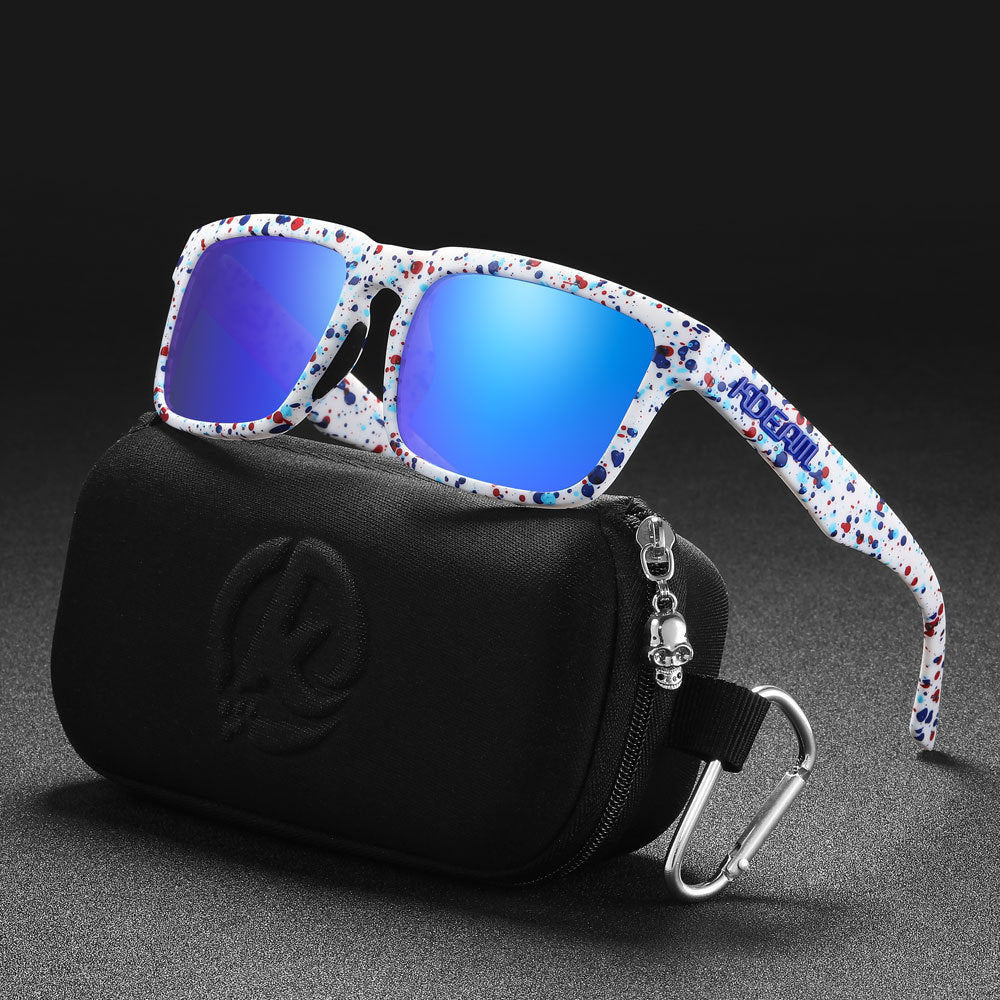 Men And Women Dazzling Color Polarized Sunglasses with blue lenses and stylish case.