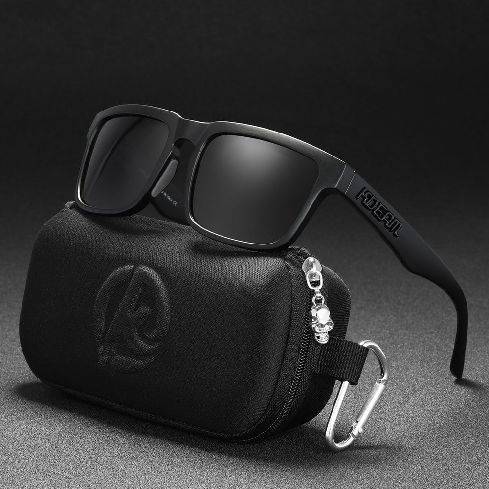 Men And Women Dazzling Color Polarized Sunglasses with protective case displayed on a black surface.