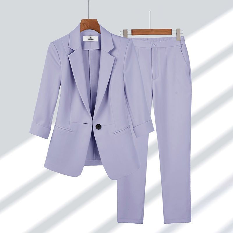 2pcs Casual Blazer Set Solid Color Lapel Single-breasted Jacket And Zipper Straight Pants Women's Office Business Suit in lavender.